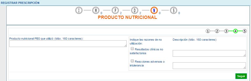 : al seleccionar la opción SI, el aplicativo despliega la pantalla para ingresar los datos del Producto Nutricional PBS que