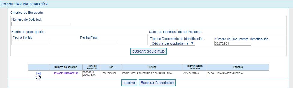 Si el registro que se presenta corresponde a la prescripción a registrar, se debe hacer clic en desplegará las