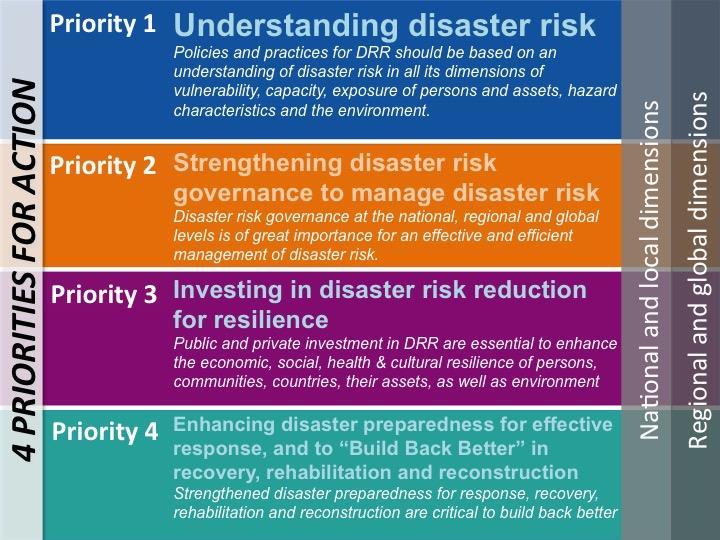 4 prioridades de acción Dimensión Nacional y Local Dimensión Regional y Global Prioridad 1 Comprender el riesgo de desastres Las políticas y prácticas para la RRD deben basarse en una comprensión del