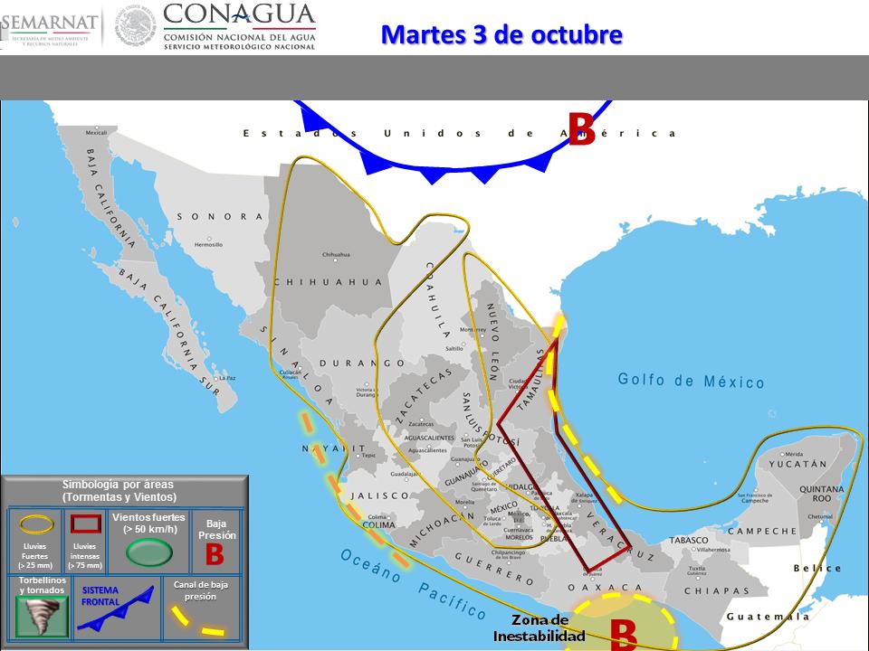 Tormentas fuertes con puntuales muy fuertes (50 a 75 mm): Tamaulipas, San Luis Potosí, Querétaro, Hidalgo, Guerrero, Chiapas y Tabasco.