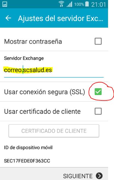 Modificamos las opciones finales: 5 - Conexión segura: SSL