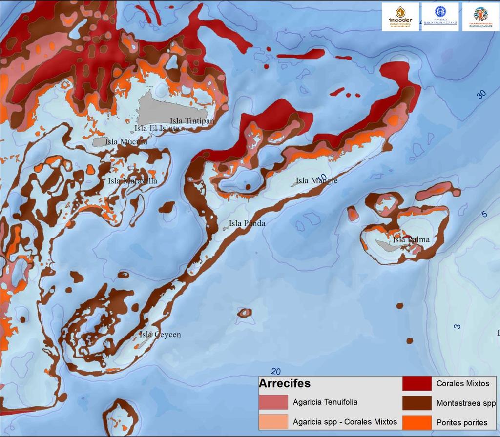 Ecosistemas Formaciones arrecifales coralinas - San Bernardo Tiene una extensión de 213,3 km 2, de los cuales 134,5 km 2 (63%) corresponden a