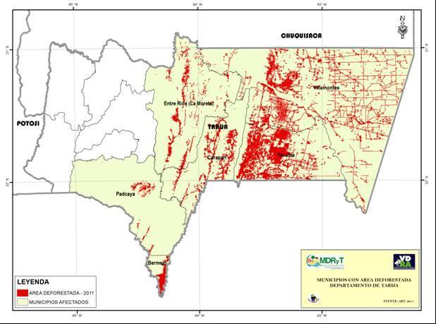 4.7 Departamento de Tarija Mapa 8. Área de intervención del programa en Tarija Fuente: ABT, 2012 Municipio Villamontes Yacuiba Cuadro 7.