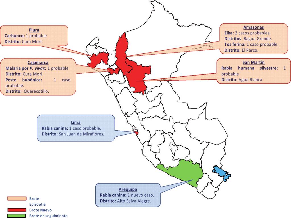 Boletín Epidemiológico del Perú SE 40-2017 (del 01 al 07 de octubre) Brotes y otras emergencias sanitarias Brotes y Epizootias activos en el Perú, en regiones declarados en emergencia sanitaria, SE