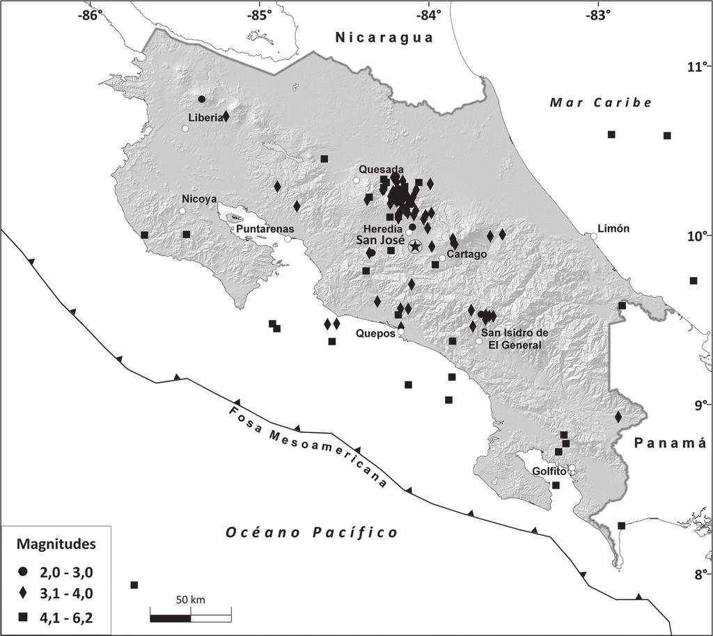 130 REVISTA GEOLÓGICA DE AMÉRICA CENTRAL Fig. 3: Mapa de los sismos reportados como sentidos durante el 2009 en Costa Rica Cinchona el 8 de enero del 2009 (M 6,2).