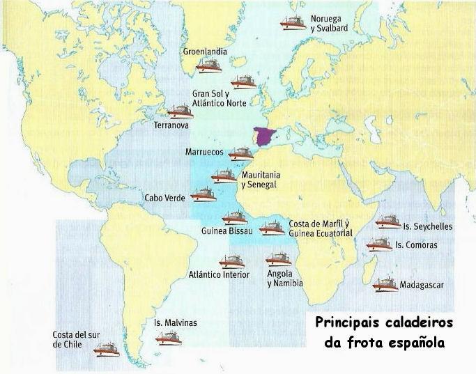 Os principais caladoiros para a frota española están no Atlántico norte, tanto en augas comunitarias (Gran Sol, Irlanda, Escocia e golfo de Biscaia) coma nas proximidades da península da Terra Nova,