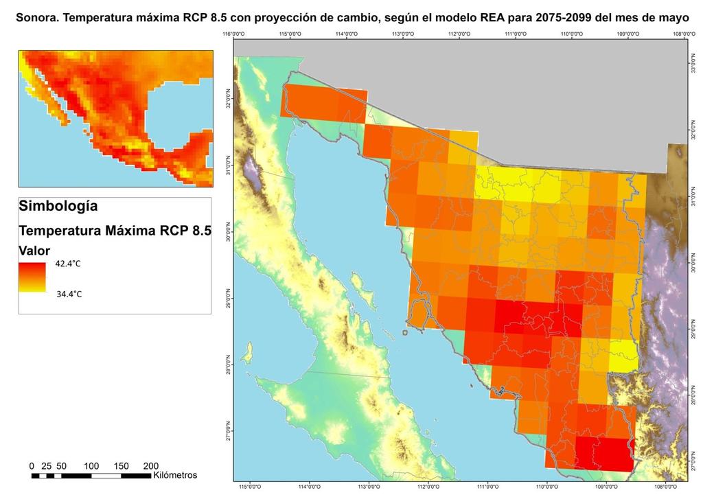 Escenarios de cambio climático para Sonora, variable de temperatura máxima RCP 8.