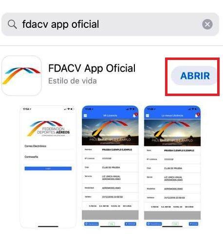 En el buscador de "App Store" introduce el nombre "FDACV APP OFICIAL": 3. Instala la App pulsando sobre el botón "Instalar": 4.