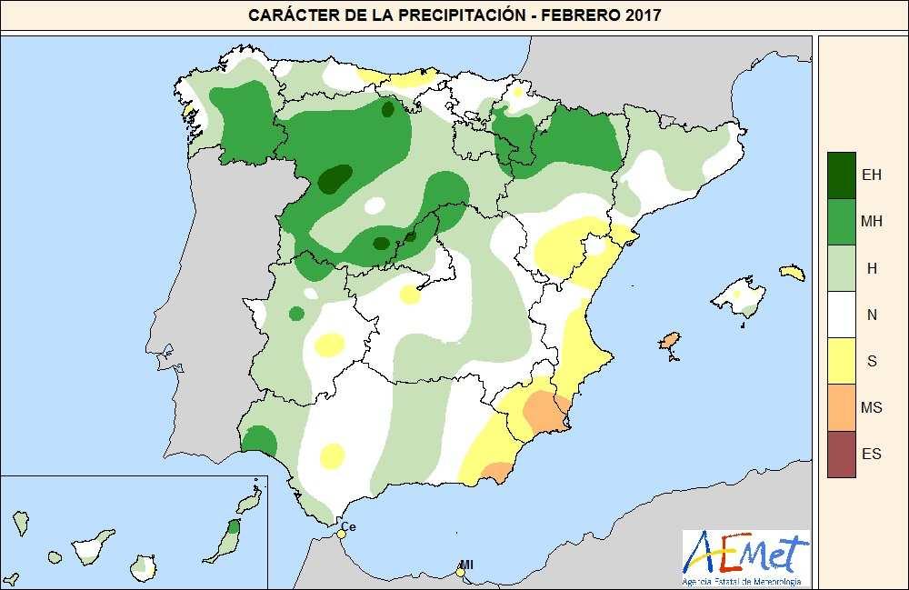 Precipitación Febrero ha sido en su conjunto húmedo, con una precipitación media sobre España de 72 mm, valor que supera en un 36% el valor normal, que es de 53 mm (Periodo de referencia 1981-2010).
