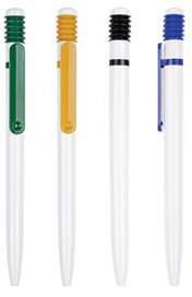 1 cm Bada TVP3951 Bolígrafo de plástico, cuerpo blanco con goma antideslizante, clip y tapón en color.