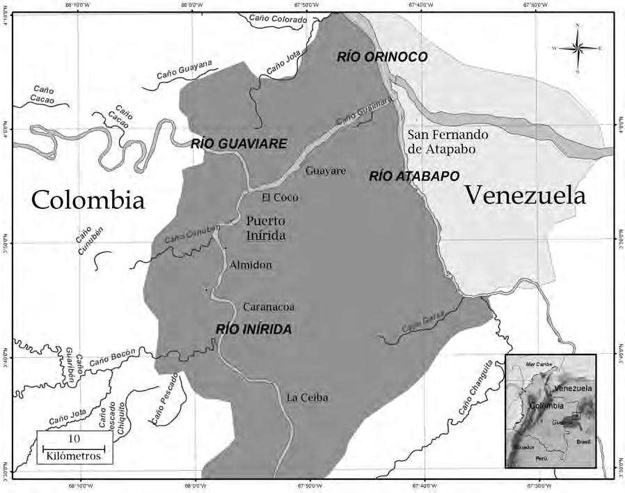 210- Mamíferos de la Estrella Fluvial de Ferrer-Pérez et al. Figura 1. Delimitación de la Estrella Fluvial de (área sombreada) en el departamento de Guainía, Colombia (Fuente: WWF Colombia).