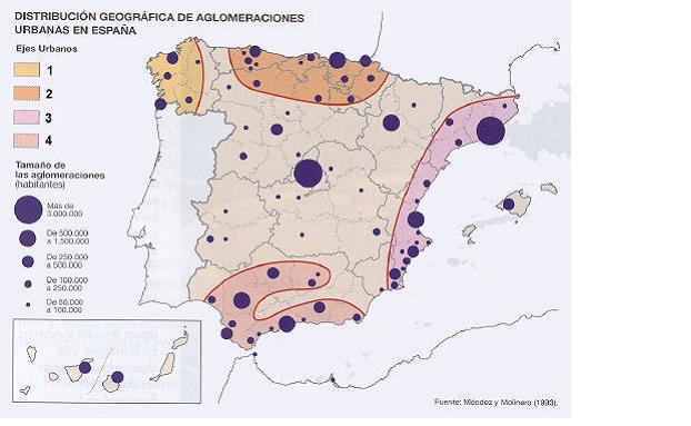 OPCIÓN A - Industria siderúrgica - Cuenca hidrográfica - Cordillera - Ría - Éxodo rural - Pesca de altura 2. En el siguiente mapa se representa el sistema urbano español.