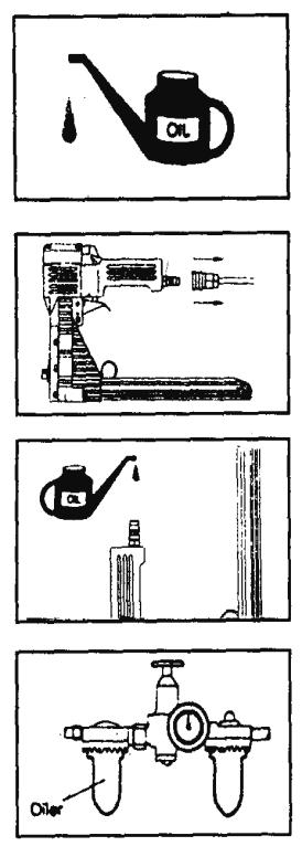 LUBRICACIÓN Y MANTENIMIENTO 1. Antes de usar su herramienta por primera vez, necesita lubricación. Desconecte la manguera de aire de la herramienta antes de aplicar el lubricante 2.