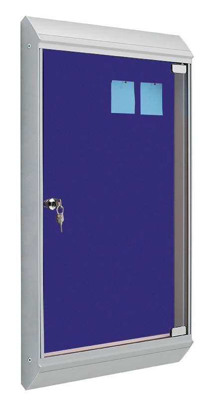 Wall showcase cork surface or cork+fabric, with anodized aluminium frame (customizable). Methacrylat swing doors with key.
