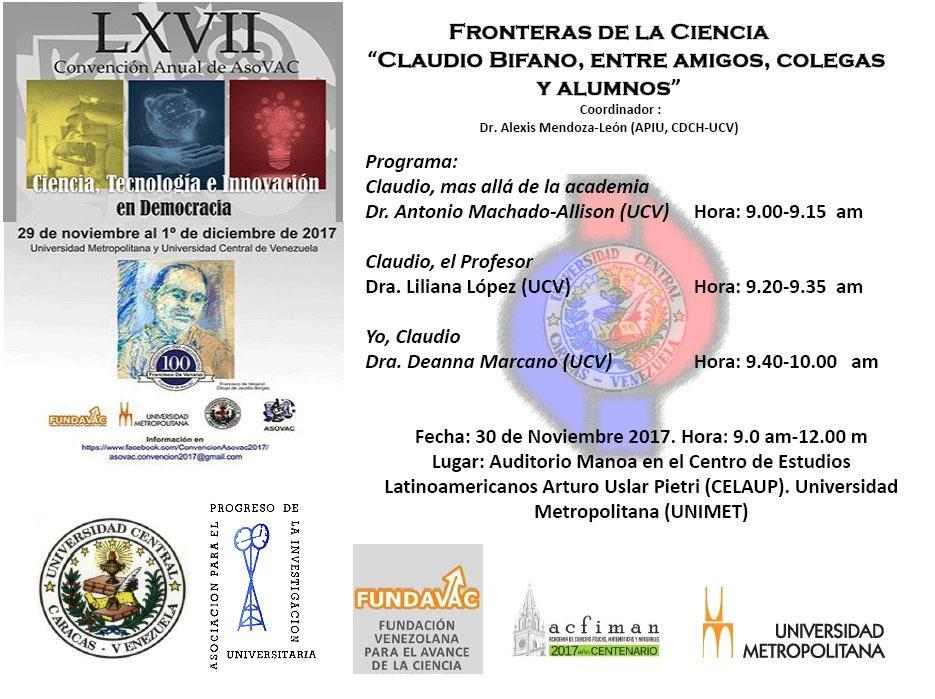 Fronteras de la Ciencia: "Claudio Bifano, entre amigos, colegas y alumnos Jueves 30 de noviembre, 9:00 am a