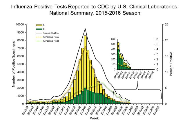 En general, la positividad de influenza disminuyó a menos de 1% (desde 1,1%) con predominio de influenza B (58% de todas las detecciones de influenza) Graph 3.