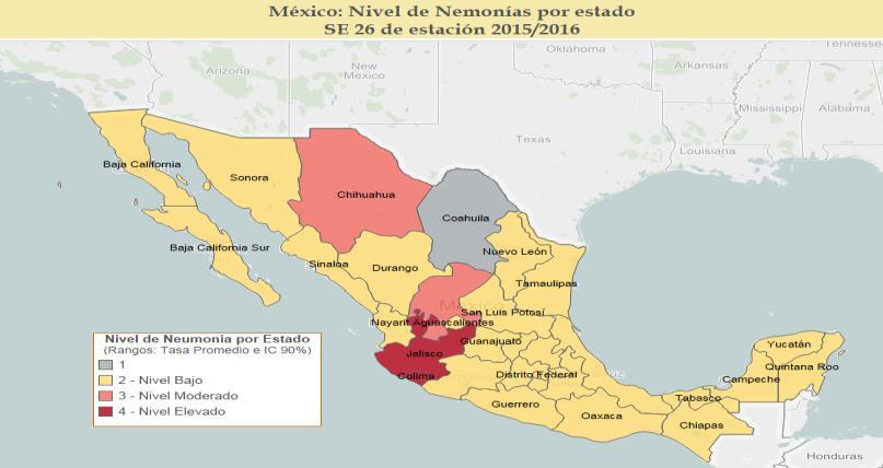High pneumonia activity was observed in two states in Western México (Colima, Jalisco) / La actividad de neumonía estuvo cerca del nivel de umbral de alerta en la SE 27.