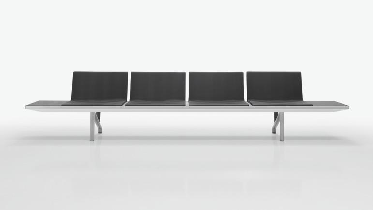AARHUS en Designed by Jorge Pensi AARHUS, is a multipurpose seating collection with modular seats and tables that are combined into an elegant horizontal aluminum frame that brings together the