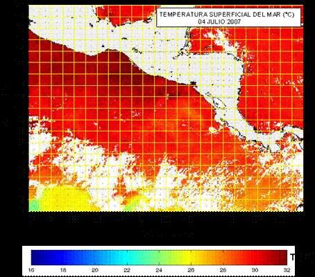 Figura 3. Análisis del 4 de julio 2007 de la temperatura superficial del mar en el Pacífico de Centroamérica.