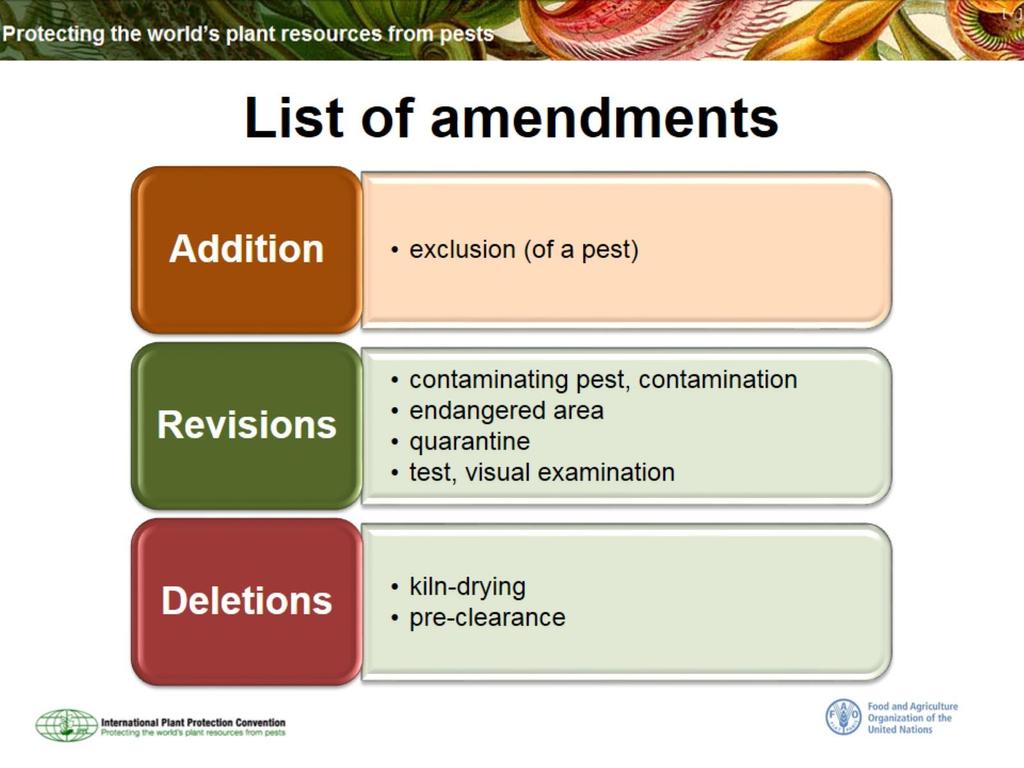 Lista de modificaciones Adición exclusión (de una plaga) Revisiones plaga contaminante,