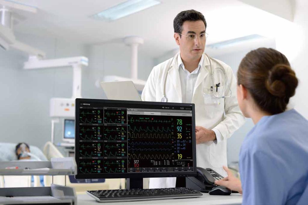 Todas las mediciones de los monitores de los pacientes, más la información integrada y recogida de los dispositivos periféricos como, por ejemplo, los ventiladores, se visualizan en pantallas