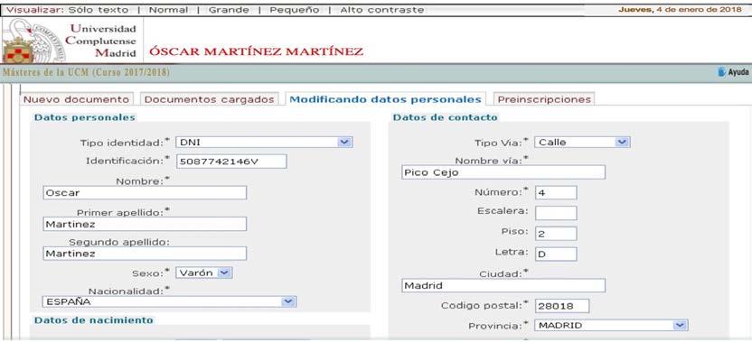 / The Datos Personales tab displays the information you entered at the beginning of the registration process.