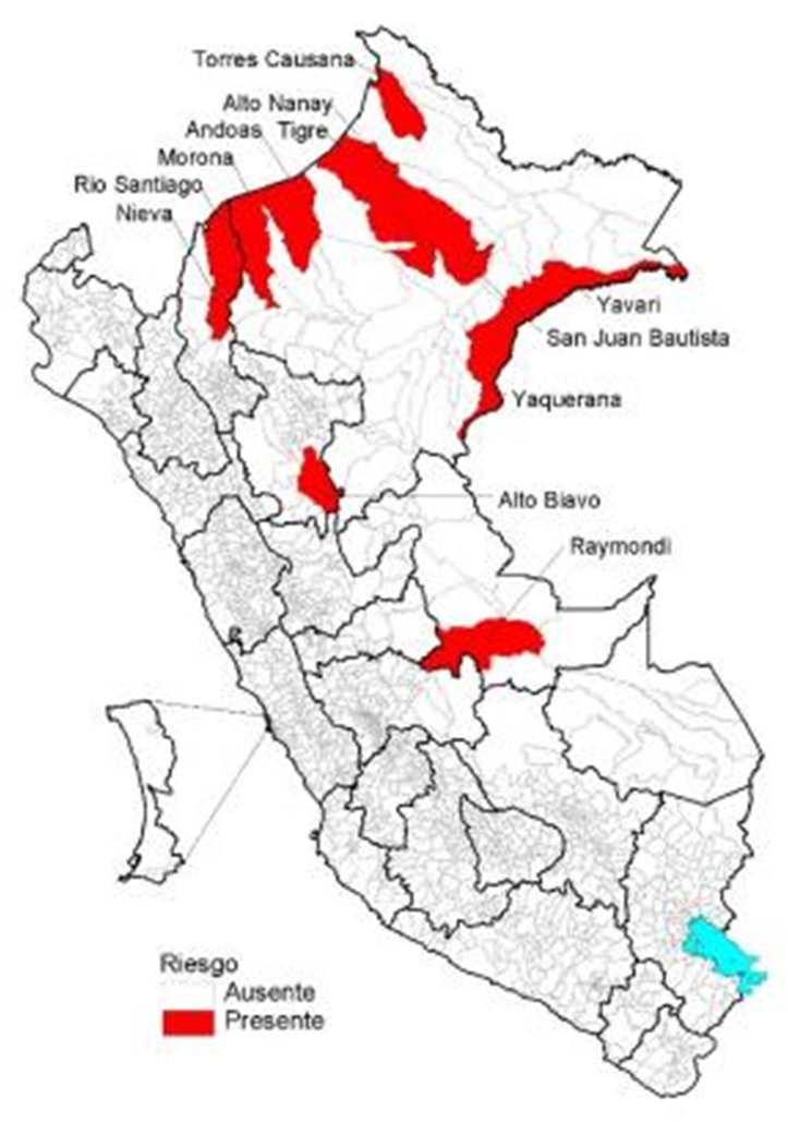 Malaria, mapa de riesgo epidemiológico, Perú SE 05, 2018 Lugar probable de infección SE de inicio de síntomas Departamento Provincia Distrito 51 52 1 2 3 4 5 Criterio de riesgo SE 05 Amazonas