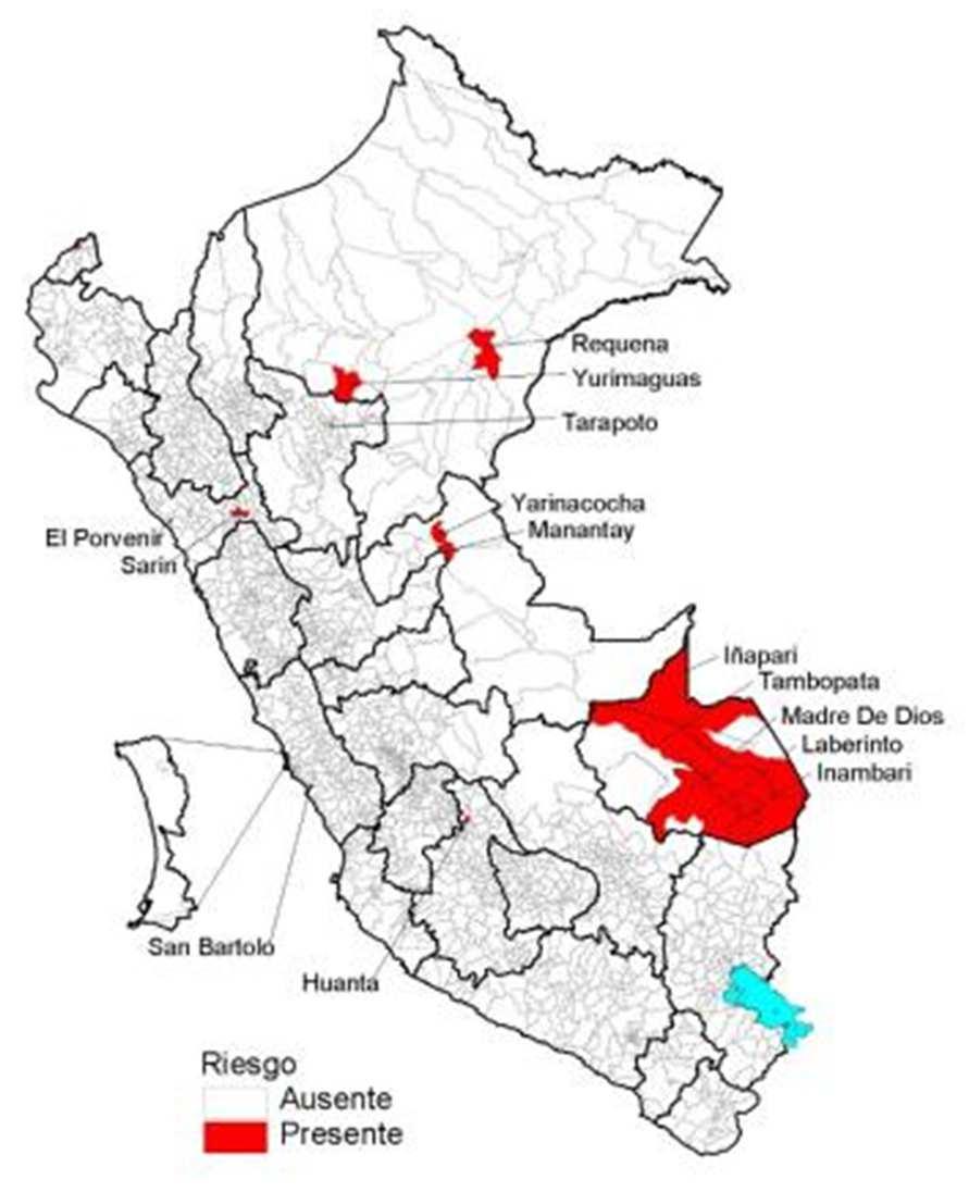 Leptospirosis, Mapa de Riesgo Epidemiológico, Perú SE 05, 2018 Lugar probable de infección SE de inicio de síntomas Criterio de riesgo SE 05 Departamento Provincia Distrito 51 52 1 2 3 4 5 Ayacucho