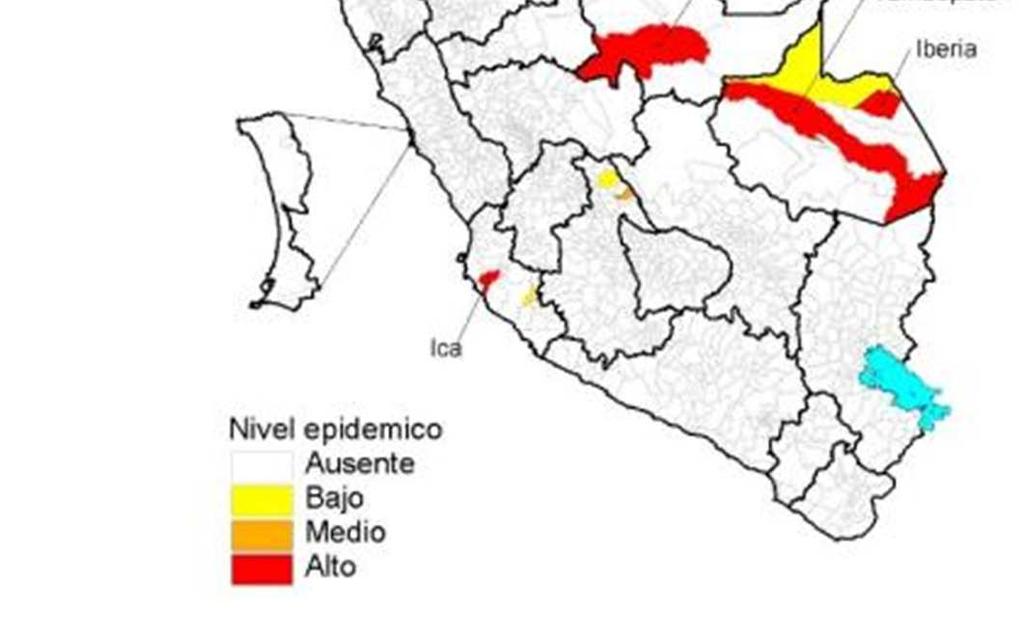 Dengue, distritos en zona epidémica, Perú SE 03-05, 2018 Nivel alto Departamento Distrito Amazonas Bagua Ica Ica Madre De Dios Tambopata Iberia Piura Chulucanas Tumbes