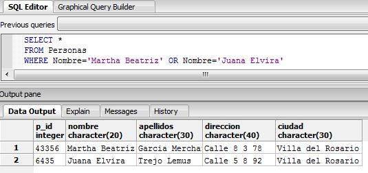 Operadores SQL AND y OR Operador OR Ahora seleccionaremos las personas con el campo Nombre igual a "Martha" o el campo Nombre igual a "Elvira"