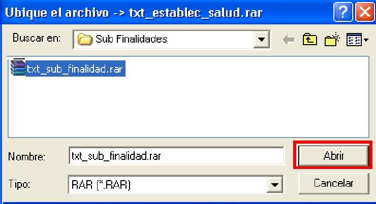 Dando Si, el Sistema iniciará el proceso de carga de Sub Finalidades nuevas e inactivas desde un archivo RAR txt_sub_finalidad.rar, al ejecutar el botón.