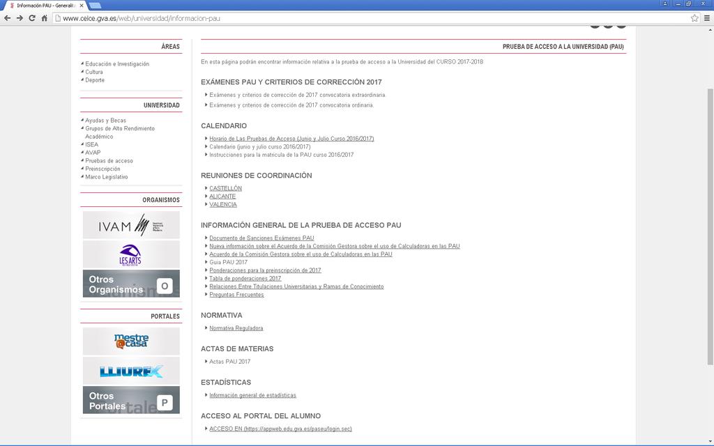Página web oficial de la Consellería donde encontrar toda la información (PAU) COLEGIO