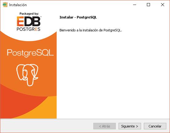 Aparece la pantalla de Bienvenida para la instalación de PostgreSQL,