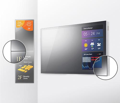Diseño sin distracciones Los monitores de la Serie MLE de Samsung reinventan el espejo tradicional con un diseño sin marco que ayuda a mantener la atención del observador en los contenidos reflejados