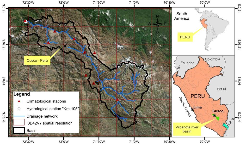 Área de estudio: Cuenca del río Vilcanota (CRV) Figura: Ubicación del área de estudio y la red de estaciones hidro-meteorológicas Características: Área: