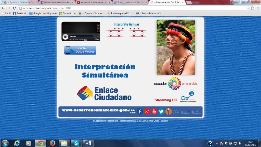 Interprete Achuar Interprete Waorani http://ecorae.streamingcnt.com/stream08/ http://ecorae.streamingcnt.com/stream09/ Interprete Kichwa http://ecorae.streamingcnt.com/stream10/ ESTACIONES RADIALES ENLAZADAS EN LA AMAZONÍA MEDIO FRECUENCIA LENGUA ANCESTRAL SUCUMBÍOS Radio Sucumbíos 105.