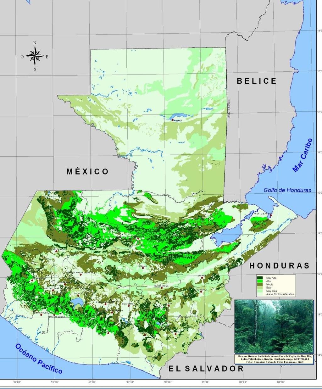 Ubicación de la recarga hídrica y la relación con los bosques de la República de Guatemala El potencial de diversas áreas del país