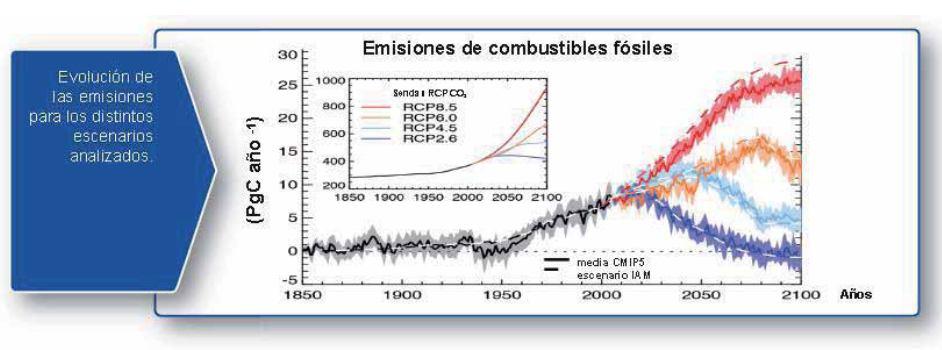 Cambios en el Carbono y otras magnitudes biogeoquímicas En todos los escenarios, la concentración de CO2 en la atmósfera será mayor en 2100 que en la actualidad como consecuencia