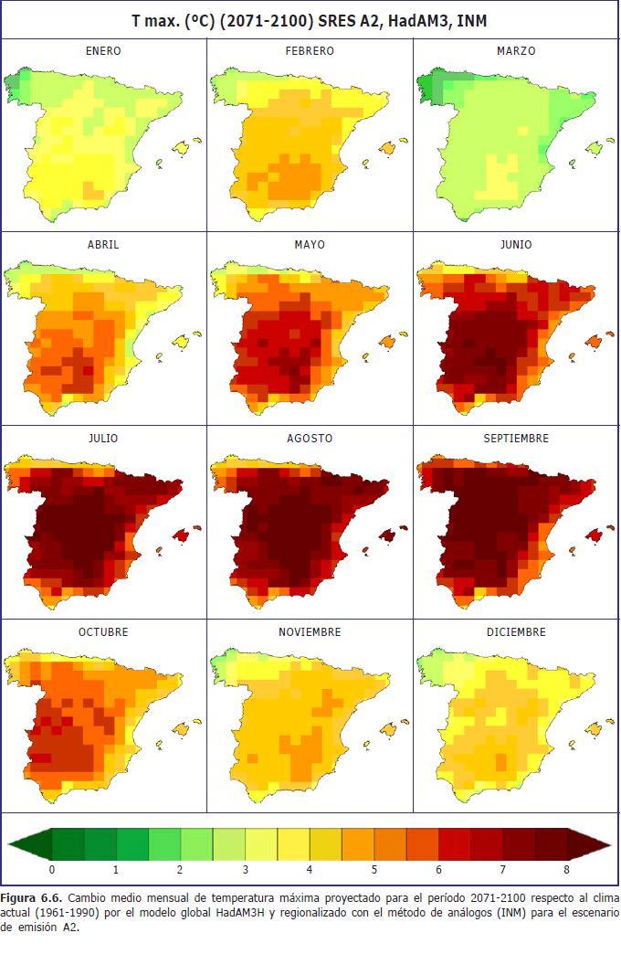 ) anual media en Extremadura obtenido con diferentes modelos globales, técnicas de regionalización y escenarios de emisión respecto al valor