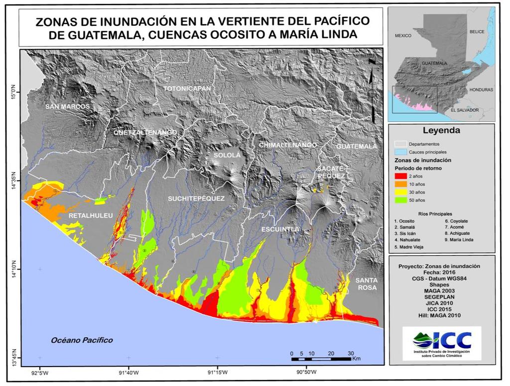 Integración de la información La integración de la cartografía de zonas inundables en la vertiente del Pacifico de Guatemala se compiló en formatos vectoriales (shape) bajo una plataforma ArcGIS 10.