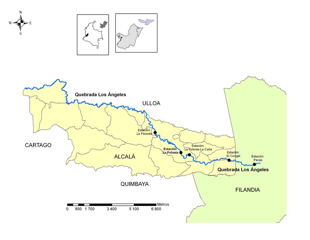 Figura 2. Microcuenca los Ángeles en el municipio de Alcalá Valle del Cauca y Filandia Quindío. Tabla 1. Estaciones de muestreo y parámetros ambientales.