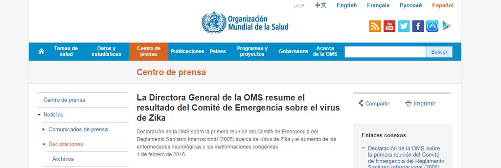 Declaración de la OMS sobre la primera reunión del Comité de Emergencia del Reglamento Sanitario Internacional sobre el virus del Zika y el aumento de los trastornos neurológicos y las malformaciones