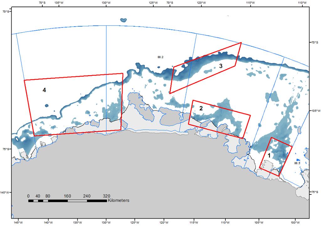 Figura 7: Principales caladeros de pesca (1 4) explotados en las UIPE 882C G desde 2006 (WG-FSA-14/59).