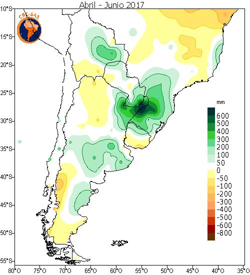 ANOMALÍAS DE PRECIPITACIÓN ABRIL-MAYO-JUNIO 2017 En el trimestre se destacan excesos de precipitación en el este de Bolivia, sur de Brasil,