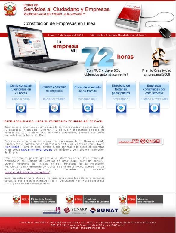Portal Constitución de Empresas en 72 horas Más de 60,000 empresas constituidas S/.
