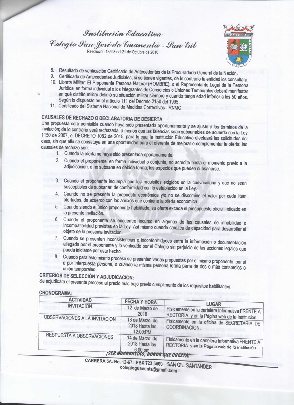 8. Resultado de verificación Certificado de Antecedentes de la Procuraduría General de la Nación. 9.