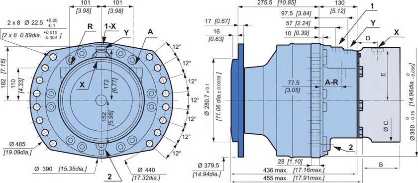 OCLAIN HYRAULICS MOTOR RUEA imensiones del motor estándar (0) de 2 cilindradas 20 kg [462 lb] 270 kg [594 lb] 5,00 L [300 cu.in] 4,00 L [240 cu.