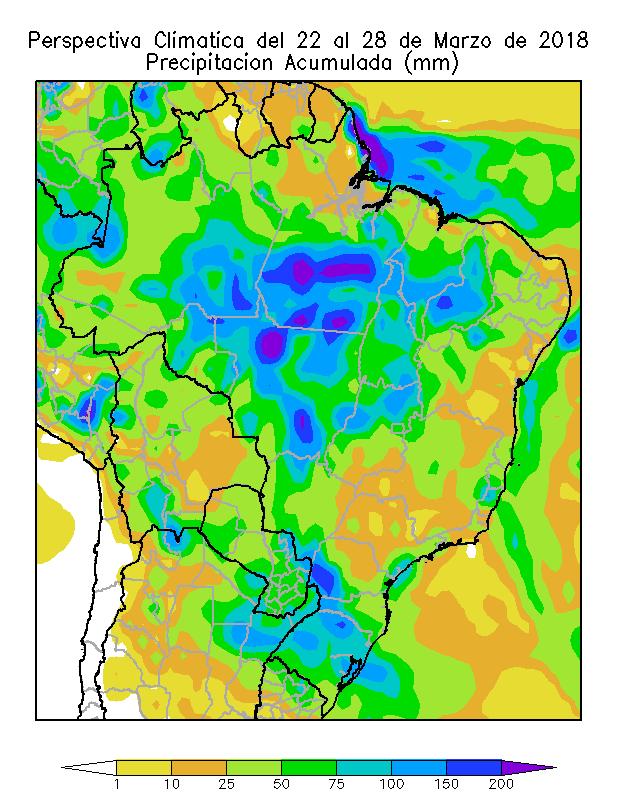 BRASIL Paralelamente, se producirán precipitaciones abundantes a muy abundantes, acompañadas por numerosos núcleos de tormenta localizadas severas, sobre el interior del área agrícola del Brasil,