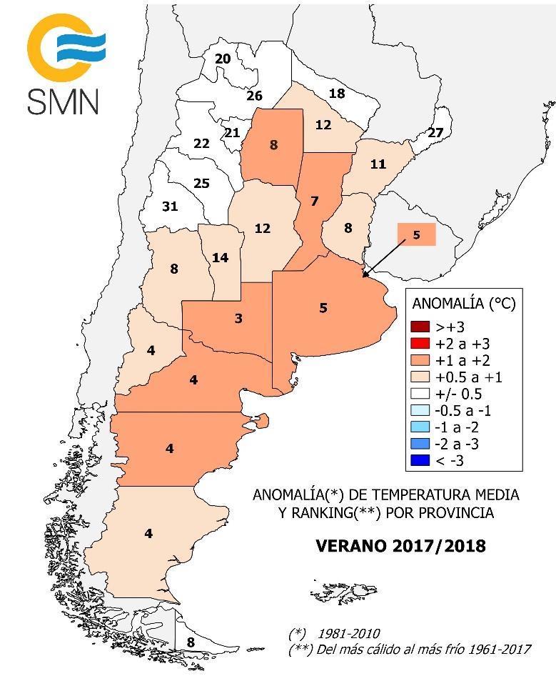 VERANO 2017/18 (ANÁLISIS NACIONAL Y PROVINCIAL) Anomalía ( C) y ranking de la temperatura media mensual a nivel país y provincial Verano 2017/18.