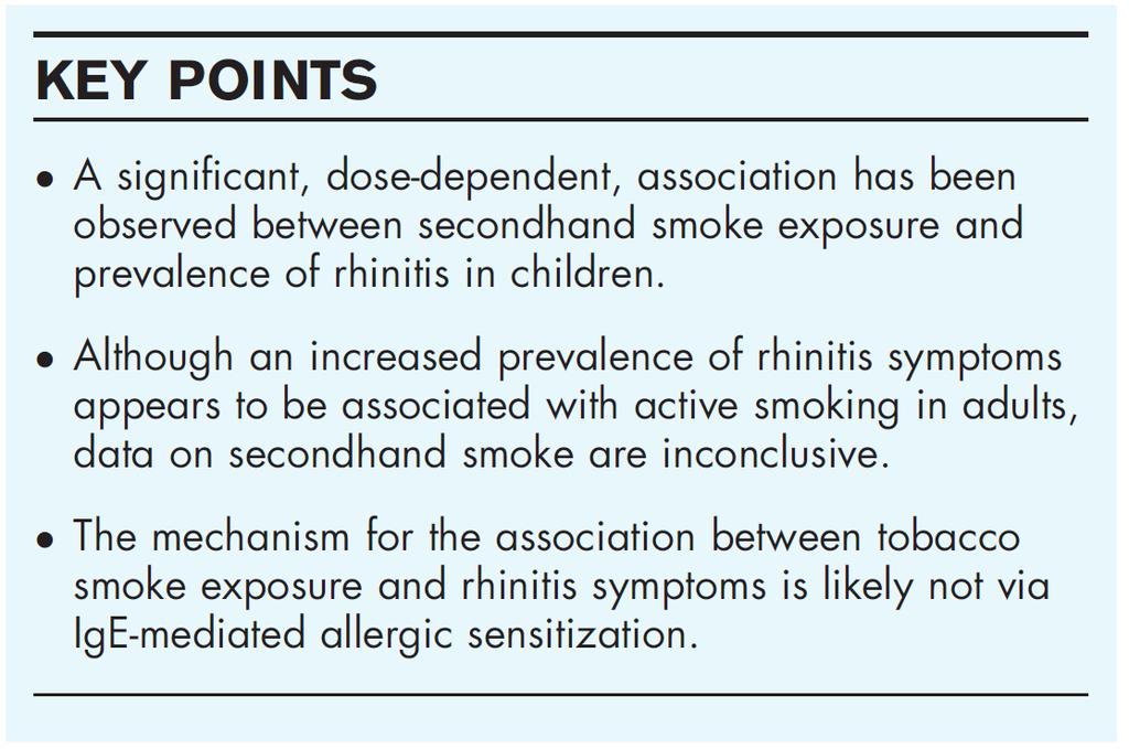 Asociación significativa y dosisdependiente entre el tabaquismo pasivo y la prevalencia de rinitis en niños (en adultos, con el